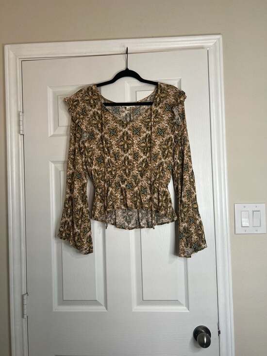 Easel Tops - Easel Los Angeles Boho Floral Paisley Ruffle Bell Sleeve Peplum Blouse Size S